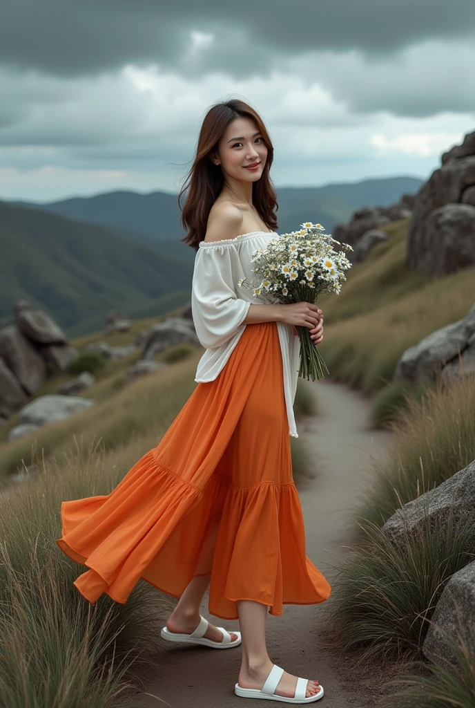 ((masterpiece)), (Photography), (realistic), ultra detailed, 8K, L1, A woman stunningly beautiful,high quality, a woman with brown hair,wear a white orange dress, white sandals carrying daisy flowers, look at the camera, smile, walking on rocky hills,dark cloudy sky