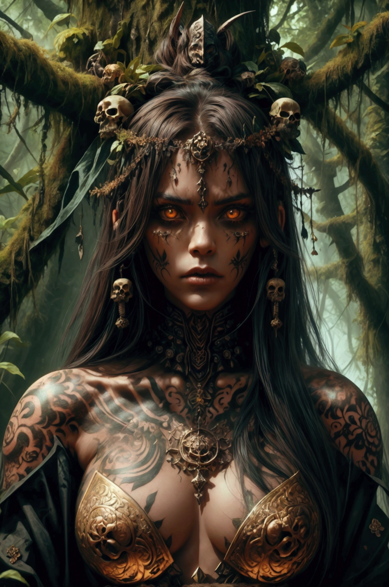   Create a picture of a beautiful barbarian in a military pose  .   She carries a long sword on her back  .   She has many decorated tattoos on her skin of flowers and plants.  She wears eye-catching , golden armor,  .  small breasts.   your entire body is visible.   She looks out from behind a tree covered with moss. She has very long, fluent,   lush light brown hair and brown eyes  .  There are skulls of dead people all around her . She seems sad  ,   looks angry and has a searching look at the camera .  She is in a mythical  ,   lush green and enchanted forest  .  fog,  who rises above the trees  .   There are also lots of ferns and moss to watch  .   The light falls through the treetops In the picture . Eye edges  ,   high resolution ,   masterpiece,   anatomically correct ,   multiple awards  ,   Textured skin  , 