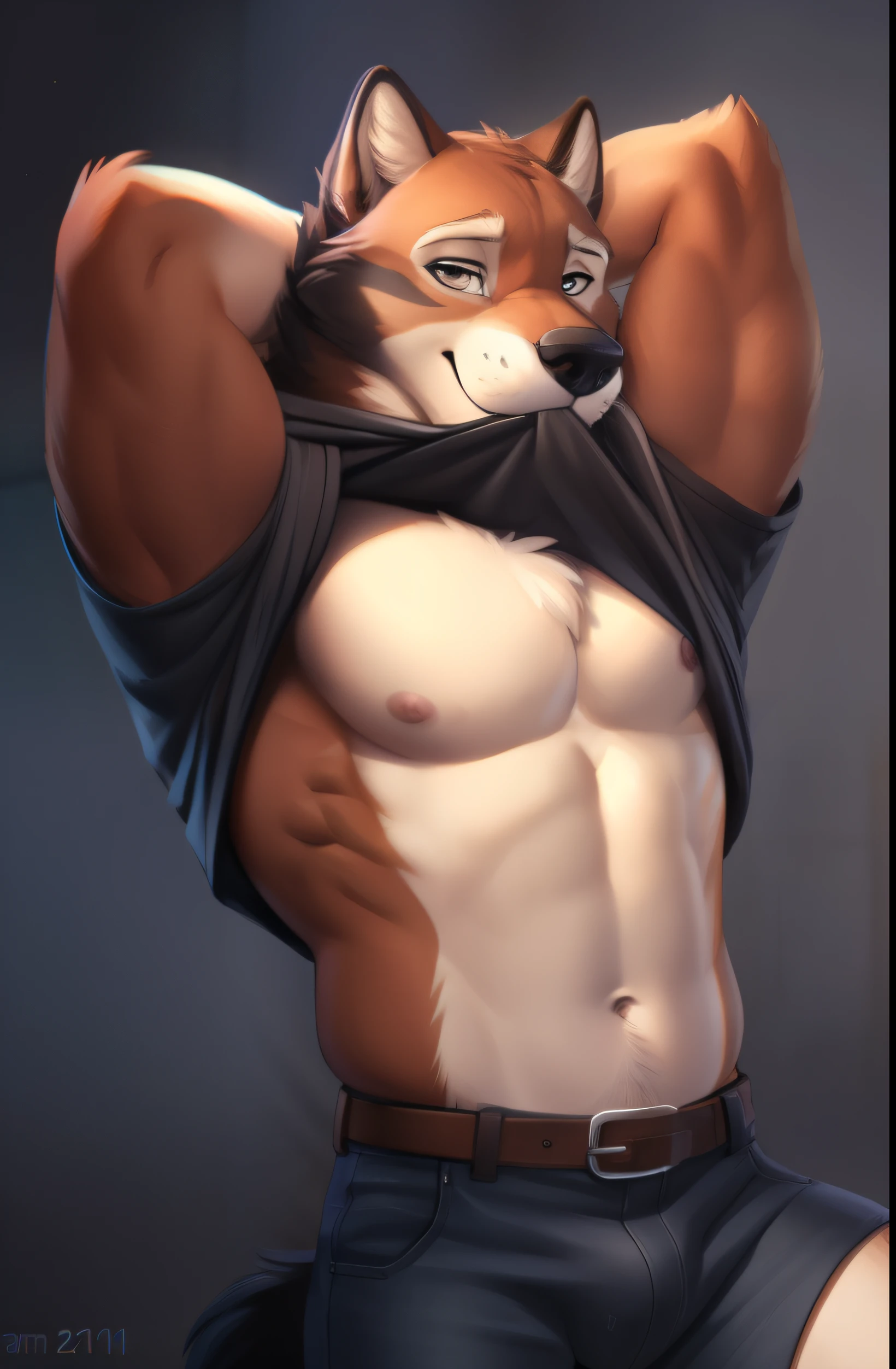 leo alvarez, muscular, bara, wolf tail, (posing:1.3), (soft shading), 4k, hi res, five fingers, detailed hands, ((detailed face, (detailed eyes:1.0), detailed)), by zackarry911, by zaush, (by personalami:0.5), solo, looking at viewer, short hair, shirt, 1boy, navel, nipples, full body, male focus, thighs, belt,  stomach, clothes lift, black shirt, kneeling, mouth hold, shirt lift, thick thighs, abs, denim, lifted by self, arm behind head,  bare pectorals, seductive smile, clothes in mouth, shirt in mouth, presenting penis, canine penis, nude,