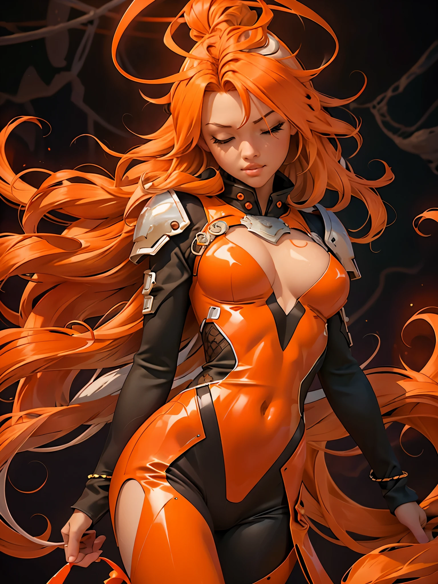 (masterpiece), best quality, ultra-detailed, illustration, warm lighting, bright colors, 1girl, solo, very long hair, grey hair, orange hair, orange inner hair, red eyes, colored inner hair, two-tone hair, ahoge, absurdly long hair, orange colored inner hair, multicolored hair, halo, , , body suit, flowing hair, wind, one eye closed, staff, dress, armor, headgear, floating,, , frankie.babe