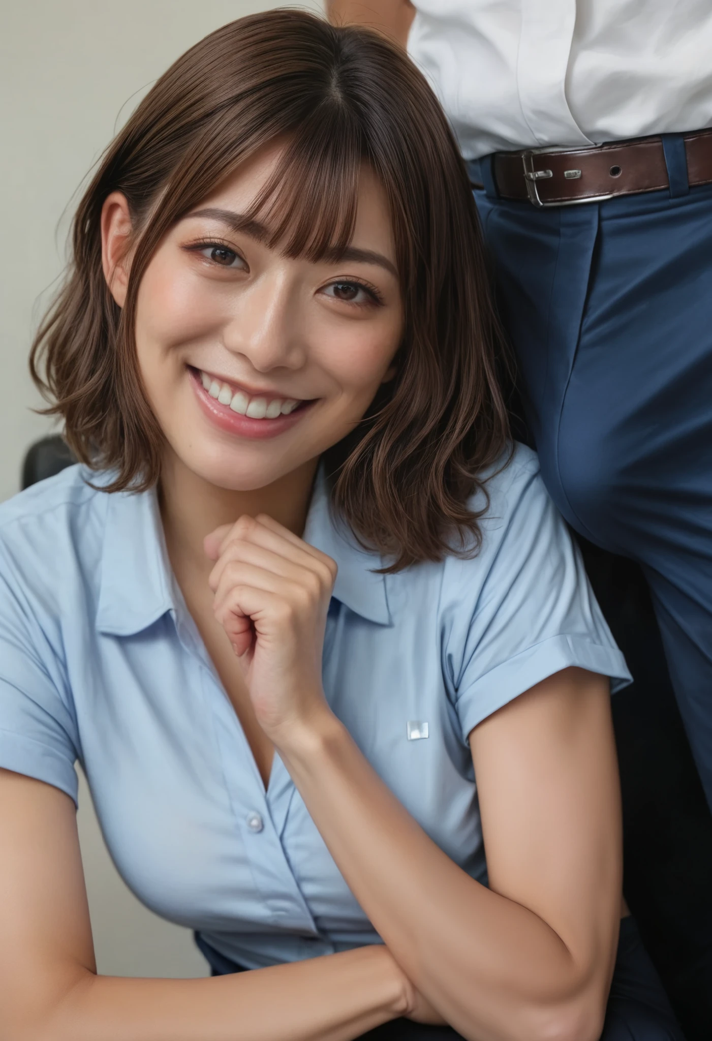 Score_9, Score_8_up, Score_7_up, rating_safe, source_real, realistic, photo realistic, masterpiece, best quality, high resolution photograph, extremely detailed, intricate details, sharp details, sharp focus, solo, 1girl, a young Japanese woman, (office lady uniform), (implied fellatio, smile), brown hair, bangs, detailed face, detailed eyes, sophisticated nose, perfect hand, BREAK, 1boy naked in only brief, (big bulge in brief, erection under clothes), indoors, office room,,