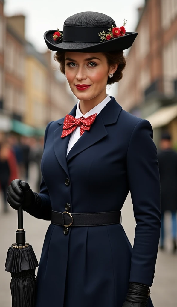 Create a realistic depiction of Emily Blunt as Mary Poppins. She is wearing a tailored navy-blue coat with a fitted waist and flared hem, buttoned neatly over a crisp white blouse with a red and white polka-dot bow tie at the collar. She holds a black umbrella with a parrot-shaped handle in one hand and an intricately patterned vintage carpet bag in muted tones in the other. Her short, wavy brunette hair is styled neatly beneath a black straw boater hat adorned with a small red flower and delicate berries. Her makeup is classic, with rosy cheeks and soft red lipstick, complementing her warm, refined look. The background is an Edwardian London street scene, softly lit to evoke a magical and nostalgic atmosphere



