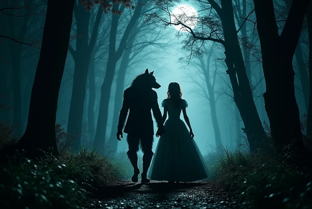 Realistic, theme is "Werewolf", "Werewolf" walking in the night forest with a beautiful woman wearing a Victorian dress, the two are lovers heading to their secret place, fantasy, werewolf has a frightening appearance, the woman is being led by the werewolf, sophisticated design, advanced lighting technology, live-action photo 8K quality