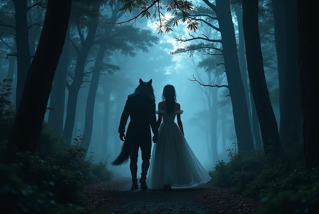 Realistic, theme is "Werewolf", "Werewolf" walking in the night forest with a beautiful woman wearing a Victorian dress, the two are lovers heading to their secret place, fantasy, werewolf has a frightening appearance, the woman is being led by the werewolf, sophisticated design, advanced lighting technology, live-action photo 8K quality