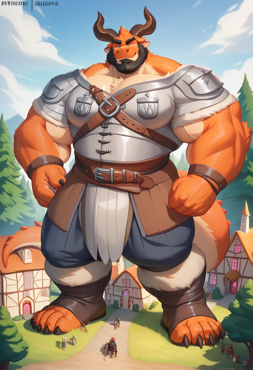 Scribble dragon face,furry(dragon),chubby and muscular, strong muscle( black eyebrows :1.1),(perfect eyes),lime fur，Wears medieval hunter/assassin clothes,（artist:takemoto arashi)，paw，（ Black beard :1.3），（ medieval hunter/assassin clothes :1.4) ,(Massiv:3.0, ( heavyweight ,strong,Macro, Emphasize the massive large size )), background (( Forest, Medieval Village, Medieval Building, Medieval Houses, Medieval Forest Village, the crack in the street)), massive gigantic macro size Giant hyper Dragon,