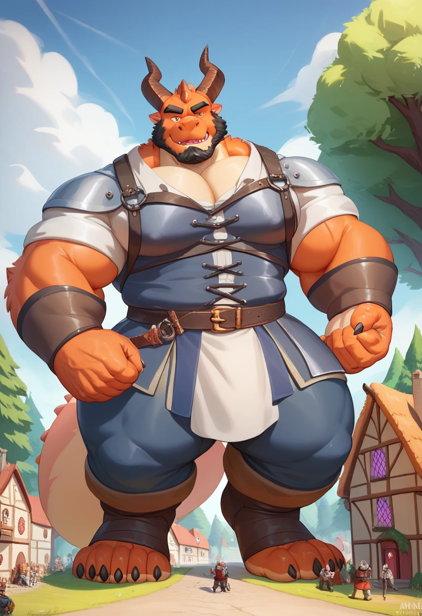 Scribble dragon face,furry(dragon),chubby and muscular, strong muscle( black eyebrows :1.1),(perfect eyes),lime fur，Wears medieval hunter/assassin clothes,（artist:takemoto arashi)，paw，（ Black beard :1.3），（ medieval hunter/assassin clothes :1.4) ,(Massiv:3.0, ( heavyweight ,strong,Macro, Emphasize the massive large size )), background (( Forest, Medieval Village, Medieval Building, Medieval Houses, Medieval Forest Village, the crack in the street)), massive gigantic macro size Giant hyper Dragon,