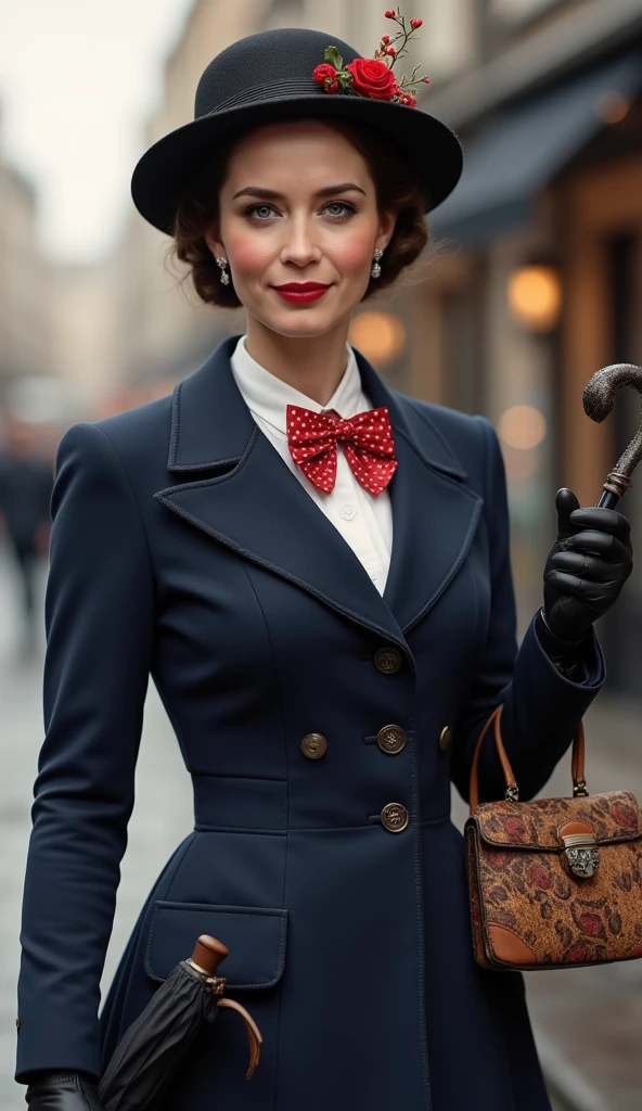 Create a realistic depiction of Emily Blunt as Mary Poppins. She is wearing a tailored navy-blue coat with a fitted waist and flared hem, buttoned neatly over a crisp white blouse with a red and white polka-dot bow tie at the collar. She holds a black umbrella with a parrot-shaped handle in one hand and an intricately patterned vintage carpet bag in muted tones in the other. Her short, wavy brunette hair is styled neatly beneath a black straw boater hat adorned with a small red flower and delicate berries. Her makeup is classic, with rosy cheeks and soft red lipstick, complementing her warm, refined look. The background is an Edwardian London street scene, softly lit to evoke a magical and nostalgic atmosphere



