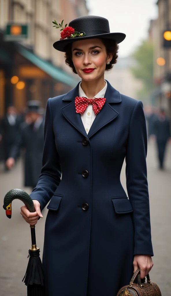 Create a realistic depiction of Emily Blunt as Mary Poppins. She is wearing a tailored navy-blue coat with a fitted waist and flared hem, buttoned neatly over a crisp white blouse with a red and white polka-dot bow tie at the collar. She holds a black umbrella with a parrot-shaped handle in one hand and an intricately patterned vintage carpet bag in muted tones in the other. Her short, wavy brunette hair is styled neatly beneath a black straw boater hat adorned with a small red flower and delicate berries. Her makeup is classic, with rosy cheeks and soft red lipstick, complementing her warm, refined look. The background is an Edwardian London street scene, softly lit to evoke a magical and nostalgic atmosphere



