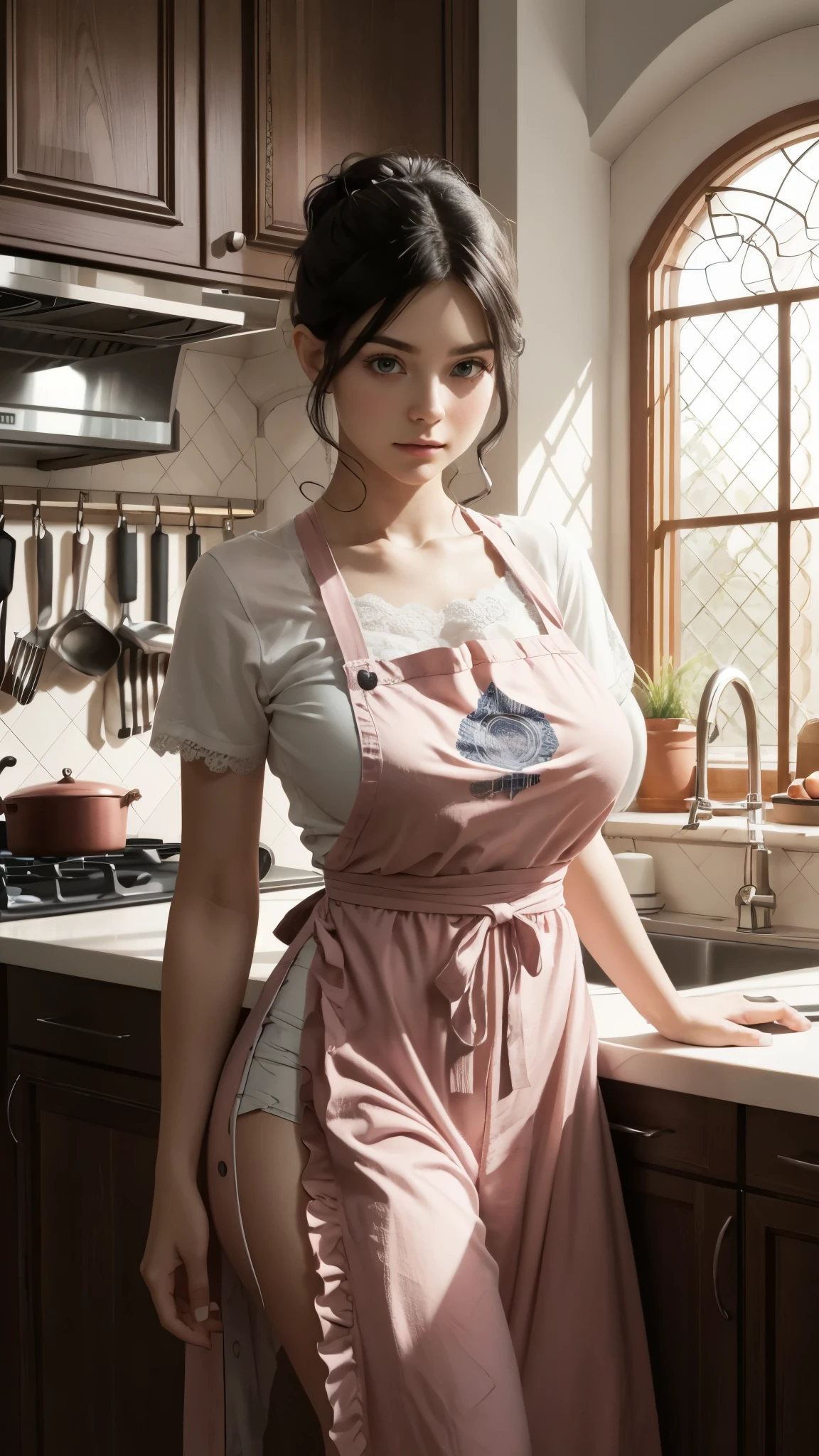 girl cooking in the kitchen. she is wearing short pink apron with ruffle details. gigantic breasts, she has tied hair with middle parted bangs. she is looking at viewer. (kitchen interior designe is very modern design:1.2). the lighting is direct and bright with medium strength shadow. there are steam visible in the air. smooth black hair, casual, white lace, short sleeves, kitchen aisle, sensual, sex appeal, modern setting, neat, shelves, detailed background, detailed surrounding, soft lighting, soft focus, realistic, photorealistic, high quality, best quality, masterpiece, high level, beauty, heavenly, mystical, fantastical, lost ancient, mirage, celestial realm, mandala, 