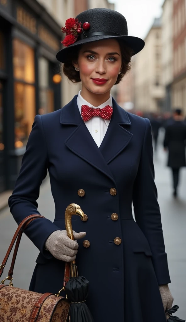 Create a realistic depiction of Emily Blunt as Mary Poppins. She is wearing a tailored navy-blue coat with a fitted waist and flared hem, buttoned neatly over a crisp white blouse with a red and white polka-dot bow tie at the collar. She holds a black umbrella with a parrot-shaped handle in one hand and an intricately patterned vintage carpet bag in muted tones in the other. Her short, wavy brunette hair is styled neatly beneath a black straw boater hat adorned with a small red flower and delicate berries. Her makeup is classic, with rosy cheeks and soft red lipstick, complementing her warm, refined look. The background is an Edwardian London street scene, softly lit to evoke a magical and nostalgic atmosphere



