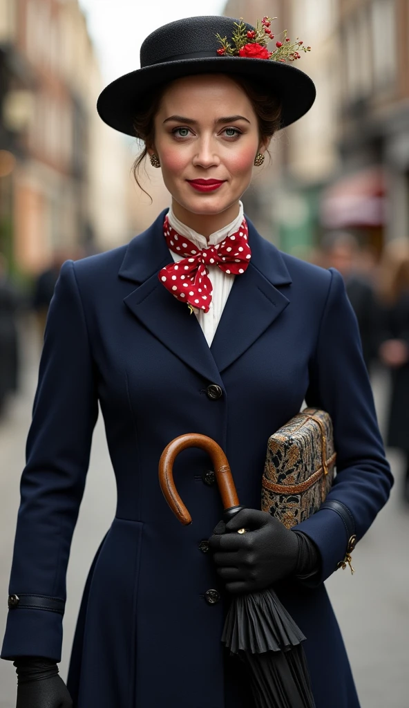 Create a realistic depiction of Emily Blunt as Mary Poppins. She is wearing a tailored navy-blue coat with a fitted waist and flared hem, buttoned neatly over a crisp white blouse with a red and white polka-dot bow tie at the collar. She holds a black umbrella with a parrot-shaped handle in one hand and an intricately patterned vintage carpet bag in muted tones in the other. Her short, wavy brunette hair is styled neatly beneath a black straw boater hat adorned with a small red flower and delicate berries. Her makeup is classic, with rosy cheeks and soft red lipstick, complementing her warm, refined look. The background is an Edwardian London street scene, softly lit to evoke a magical and nostalgic atmosphere



