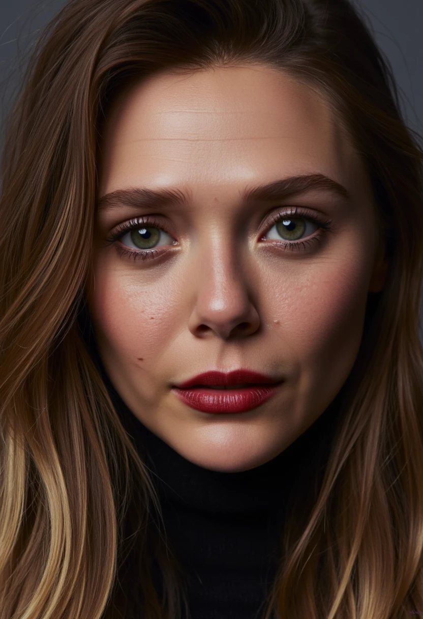 Elizabeth Olsen nude, red lips nose piercing long hairs 