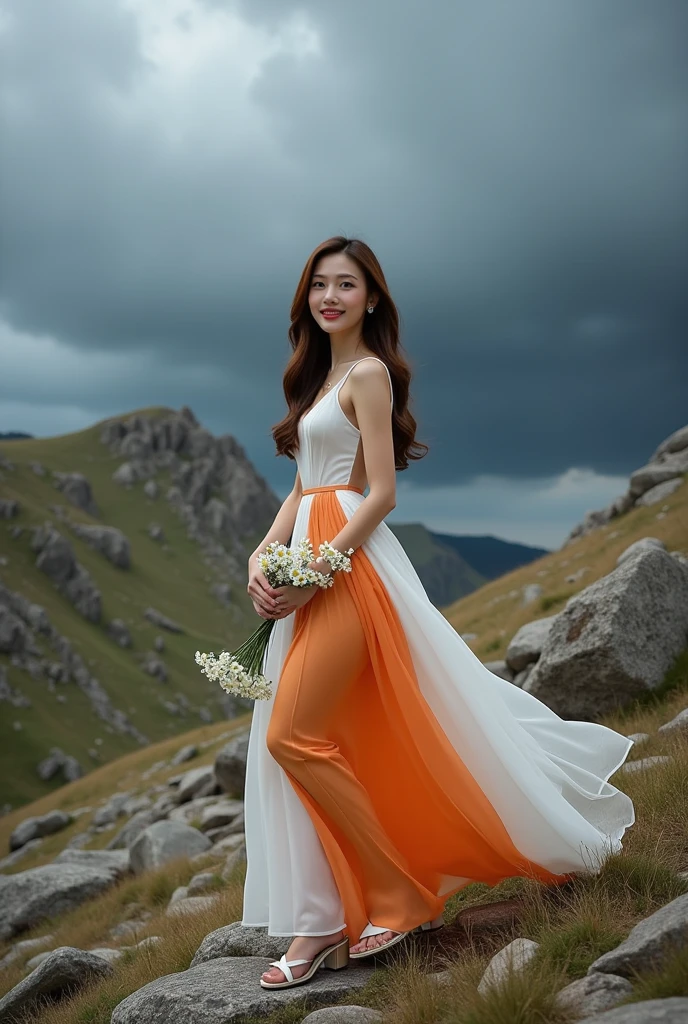 ((masterpiece)), (Photography), (realistic), ultra detailed, 8K, L1, A woman stunningly beautiful,high quality, a woman with brown hair,wear a white orange dress, white sandals carrying daisy flowers, look at the camera, smile, walking on rocky hills,dark cloudy sky