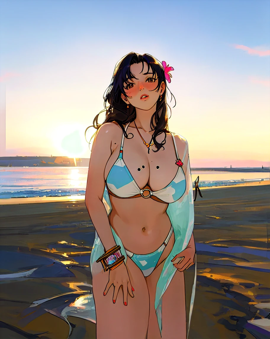 realistic photo of a woman with large breaa beach, detailed facial features, beautiful skin, ocean waves in the background, warm lighting, photorealistic, 8k, high quality, intricate details