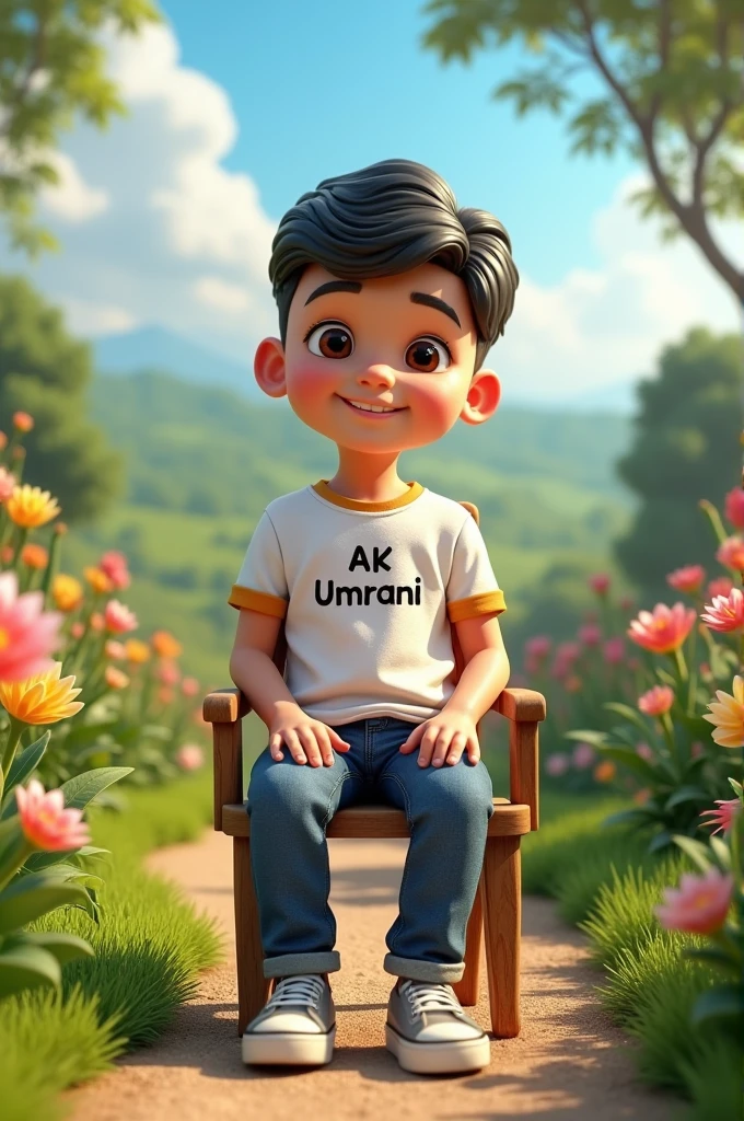 .Make a realistic picture in which a boy is sitting on a swing Shri Krishna ji legs and his shirt is purple and the name Karan is written on his shirt and there is a beautiful garden in the background.