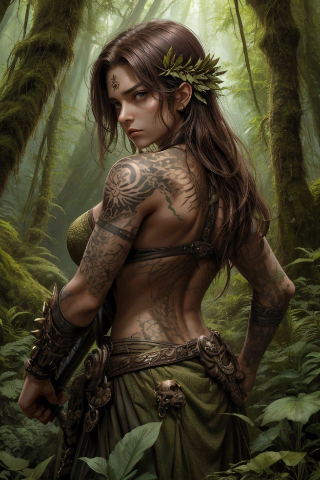 best quality, masterpiece, Situ Woman portrait, solo, upper body, looking at viewer, detailed background, detailed face, (<lora:DruidMagicAI:0.5>, DruidMagicAI, druidic theme:1.1) feral jungle fighter, dark green tribal clothing, warpaint, tribal markings, obsidian, bloodthirsty, fighting stance, fronds, vines, exotic, jungle in background, fauna in background, sunshine, cinematic atmosphere,