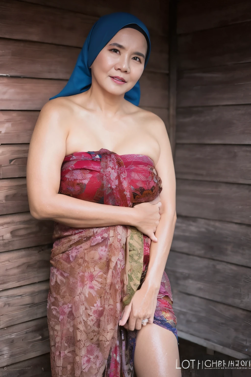 56 years Old, Hijab Indonesian mature woman, Large Hanging : 96.9, Lace Bra, Thai Sarong, Breast about To burst out from her clothes, at Onsen, High light, at daytime