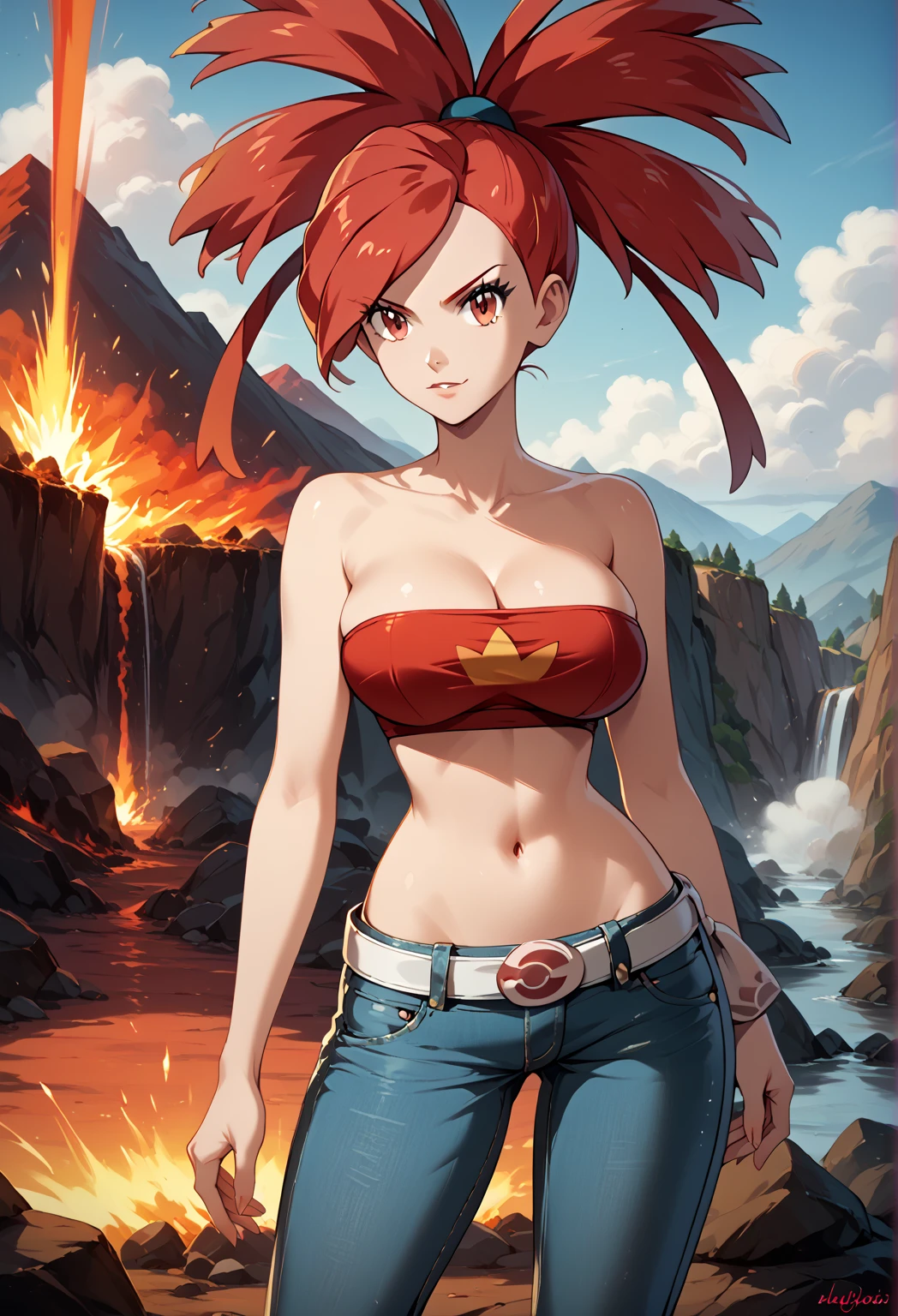 Perfect CG unity 8K UHD wallpaper, Perfect CG unity 8K UHD wallpaper, flannery (pokemon), red hair, red eyes, red bandeau, cleavage, sleeveless, white belt, narrow waist, midriff, navel, denim jeans, lowleg jeans, cowboy shot, outdoors, volcano, large breasts