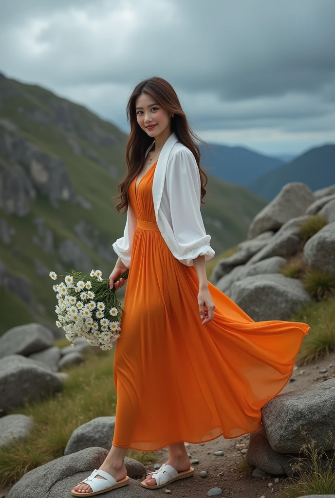 ((masterpiece)), (Photography), (realistic), ultra detailed, 8K, L1, A woman stunningly beautiful,high quality, a woman with brown hair,wear a white orange dress, white sandals carrying daisy flowers, look at the camera, smile, walking on rocky hills,dark cloudy sky