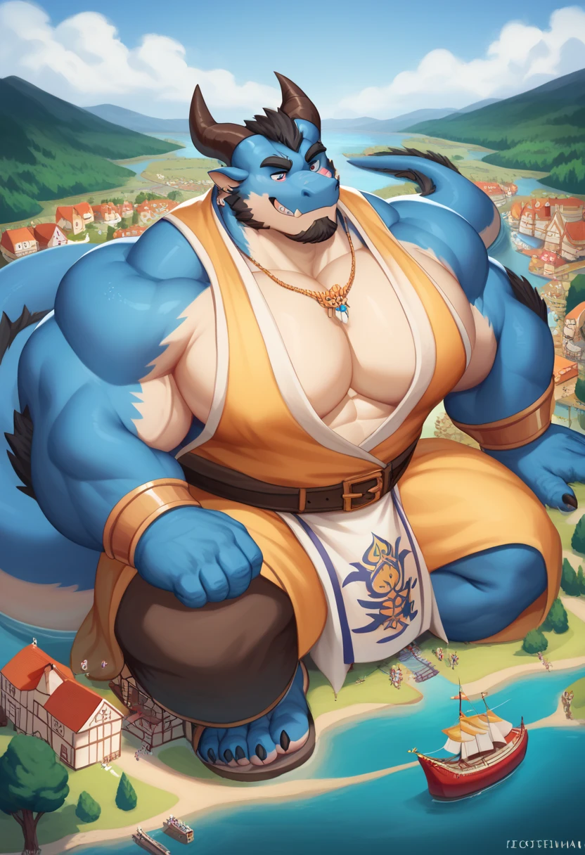 Male, Fishman Warrior， There are scars on the body，head fins,There are fins on the arms，Confused eyes, Huge pink nipples , Fat Chubby, large biceps, Huge chest, The general's belly, blue eyes，grey-blue scales，detailed crotch, huge bulge，Loincloth，Fishman Warrior的胸部被揉搓