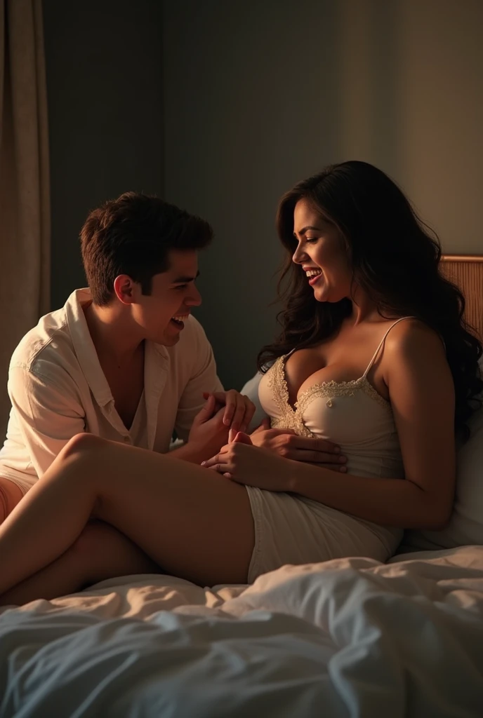 A sexy girl teenager on bed straddle on the bed with see through sexy nightgown with hot guy . The girl straddle him