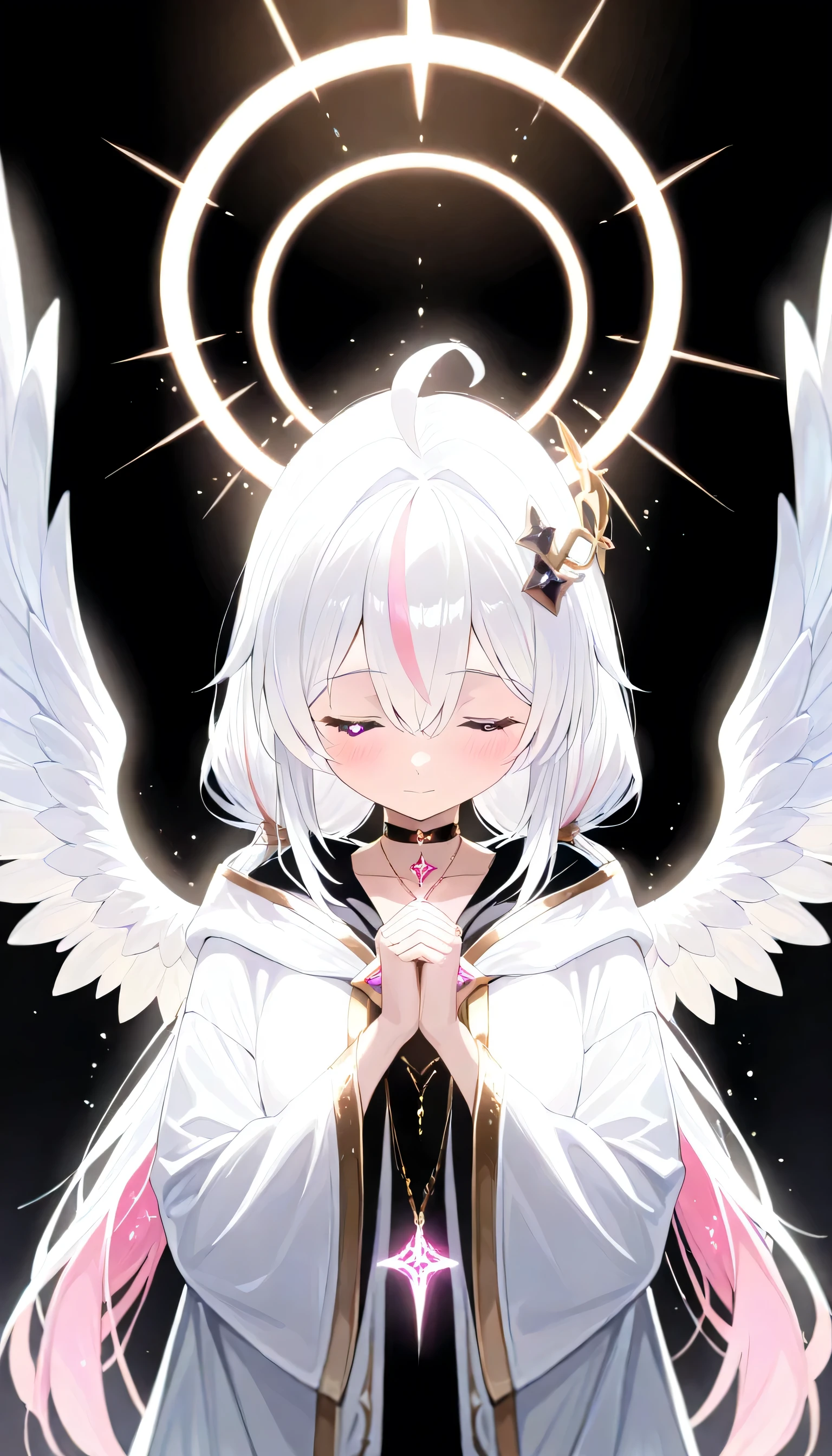 1girl, adult, upper body, from front, eyes closed, closed mouth, looking down, (white hair:1.2), long hair, multicolored hair, (pink hair:0.9), white wings, hair ornament, choker, bangs, hair between eyes, heart-shaped pupils, blush, ahoge, bow hair, low twintails, very long hair, long sleeves, necklace, low twintails, pink streaked hair, robe, white robe, hood, halo, black background, volumetric lighting, backlighting, shiny hair, ((praying hands)), standing, masterpiece, best quality, very aesthetic, absurdres, newest, Laser light clothes, neon light wings, 