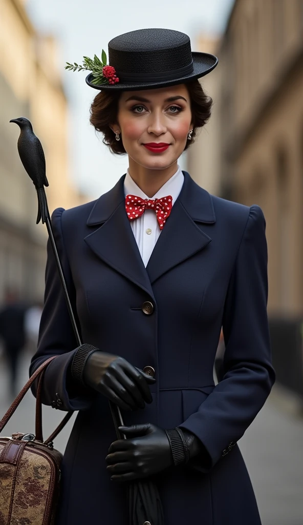 Create a realistic depiction of Emily Blunt as Mary Poppins. She is wearing a tailored navy-blue coat with a fitted waist and flared hem, buttoned neatly over a crisp white blouse with a red and white polka-dot bow tie at the collar. She holds a black umbrella with a parrot-shaped handle in one hand and an intricately patterned vintage carpet bag in muted tones in the other. Her short, wavy brunette hair is styled neatly beneath a black straw boater hat adorned with a small red flower and delicate berries. Her makeup is classic, with rosy cheeks and soft red lipstick, complementing her warm, refined look. The background is an Edwardian London street scene, softly lit to evoke a magical and nostalgic atmosphere



