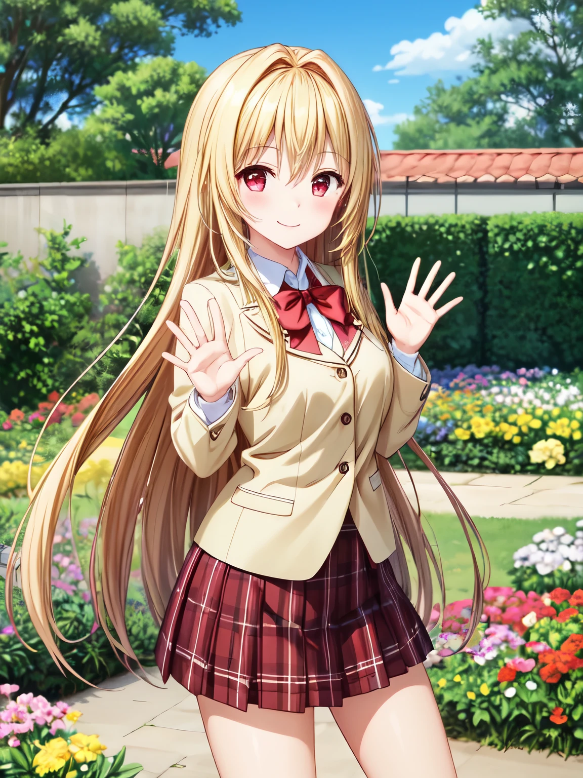 high definition 、 top quality、 super high quality 、 one girl、solo、 shot from the front、( anime illustration style:1.10),、whole body、 standing、mine、 long hair on background、 hair between eyes、blonde hair、 very long hair、 red eyes、smile、チェック柄 skirt、Plaid、プリーツ skirt、 skirt、 smiles、smile、blush、garden、They are waving their hands in a cute way