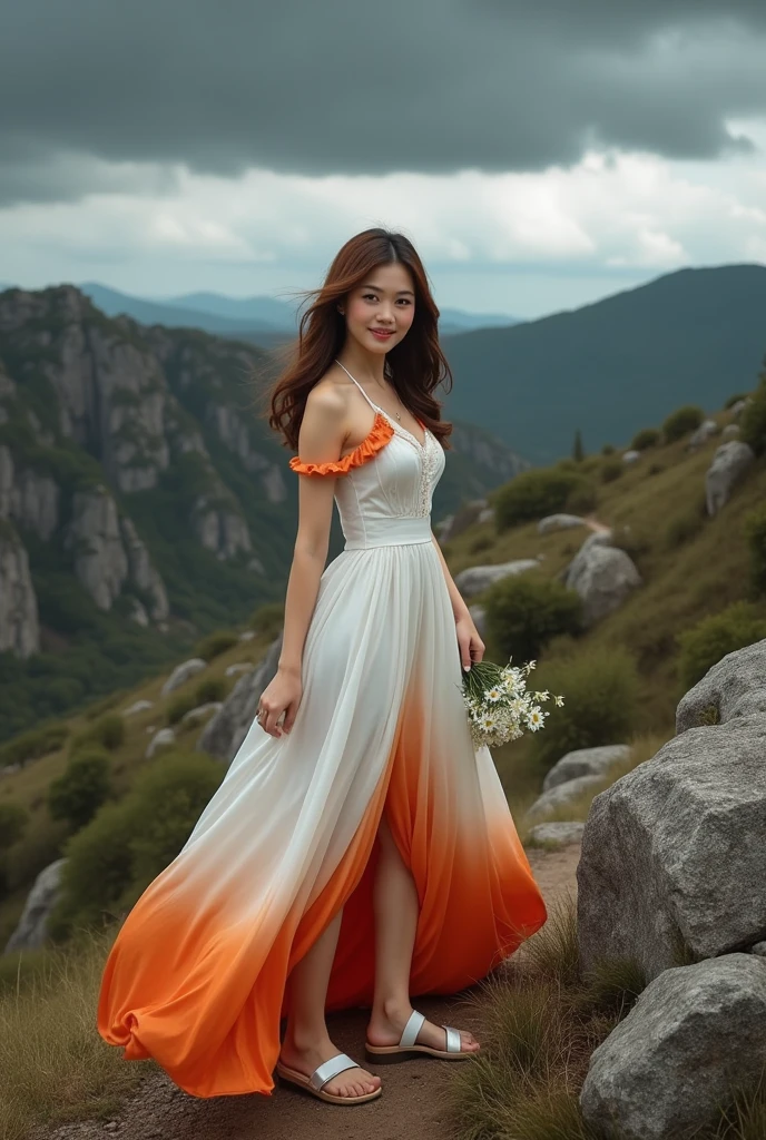 ((masterpiece)), (Photography), (realistic), ultra detailed, 8K, L1, A woman stunningly beautiful,high quality, a woman with brown hair,wear a white orange dress, white sandals carrying daisy flowers, look at the camera, smile, walking on rocky hills,dark cloudy sky