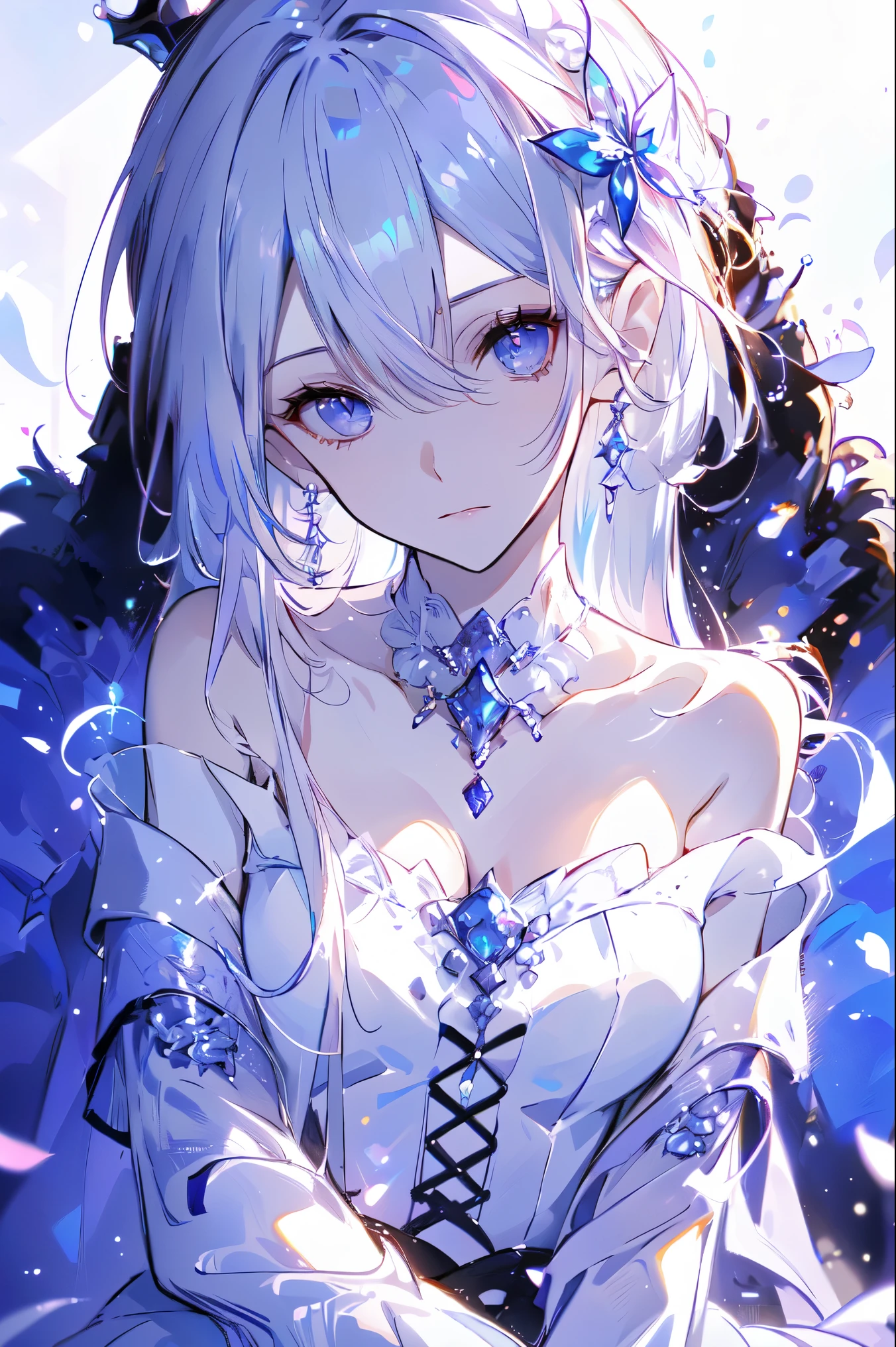  Quality Best ,  very detailed , masterpiece, Super Fine, (Reality: 1.2),  1 girl at home, ( white background ),  Clean Background ,  Delicate eyes, silver hair,  purple eyes , hair_ ornament , (White off-the-shoulder shirt: 1.3), long hair, Sharp_ear, crown_braid, No Expression, straight hair, (++ Sitting: 1.2), Room,

 Long hair ，Female Kirito ，Big breasts(d), Chest, Black Hair, 