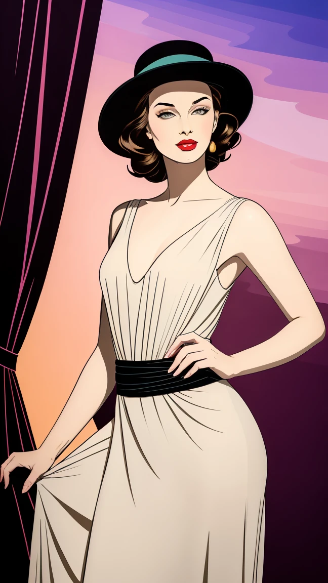 Create a stunning masterpiece depicting a woman in 1950s style, wearing a flowing, very long dress that exudes a dreamy and magical aura. She should have glamorous makeup, including striking red lipstick, and wear a wide-brimmed black hat. The character should embody an ethereal quality reminiscent of Lady Dimitrescu, with a pale complexion that contrasts against a soft colorful background. 

The artwork should reflect the distinctive style of Patrick Nagel, showcasing beautiful, highly detailed painting techniques. Pay special attention to the intricate slopes of the dress, the detailed features of her face, and the captivating depth of her eyes. Capture the essence of a modest model shoot with professional photography quality, blending elements of synthwave and androgyny. The final image should be in 8K resolution, conveying high quality and award-winning artistry, with a focus on short hair that adds to her unique charm.