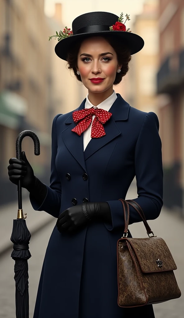 Create a realistic depiction of Emily Blunt as Mary Poppins. She is wearing a tailored navy-blue coat with a fitted waist and flared hem, buttoned neatly over a crisp white blouse with a red and white polka-dot bow tie at the collar. She holds a black umbrella with a parrot-shaped handle in one hand and an intricately patterned vintage carpet bag in muted tones in the other. Her short, wavy brunette hair is styled neatly beneath a black straw boater hat adorned with a small red flower and delicate berries. Her makeup is classic, with rosy cheeks and soft red lipstick, complementing her warm, refined look. The background is an Edwardian London street scene, softly lit to evoke a magical and nostalgic atmosphere



