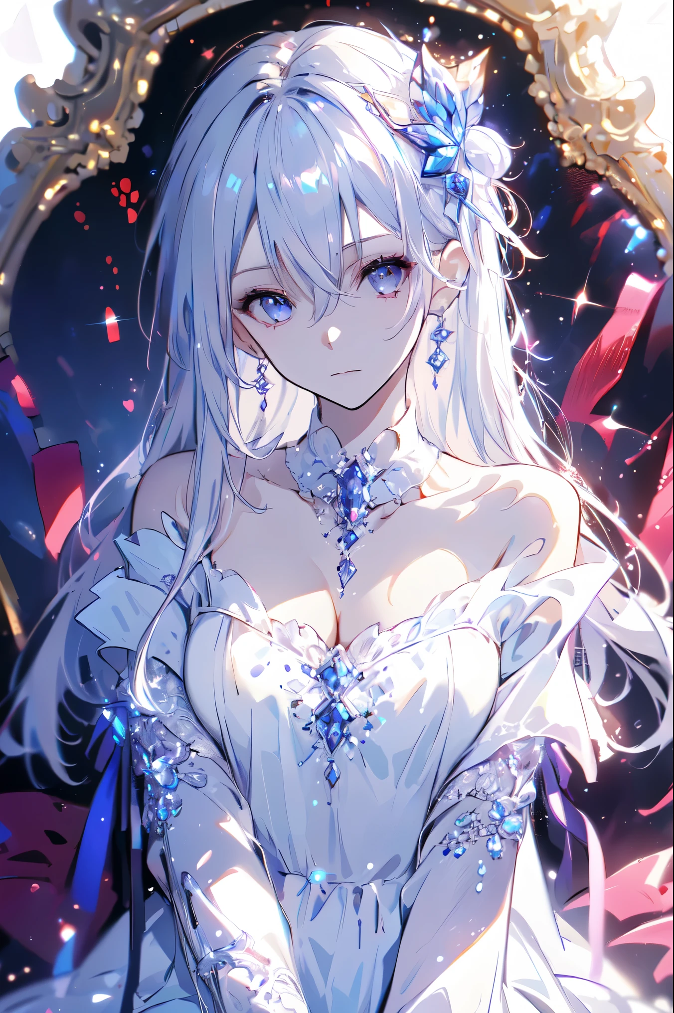  are of the best quality,  very detailed , masterpiece, Super Fine, (Reality: 1.2),  1 girl, ( white background ),  clean background ,  Delicate Eyes, silver hair,  purple eyes, hair_ ornament , (White off-the-shoulder shirt: 1.3), long hair, Sharp_ear, crown_braid, No Expression, straight hair, (++ Sitting: 1.2), Room,

 Long hair ，Female Kirito ，Big breasts(d), Chest, Black Hair, 