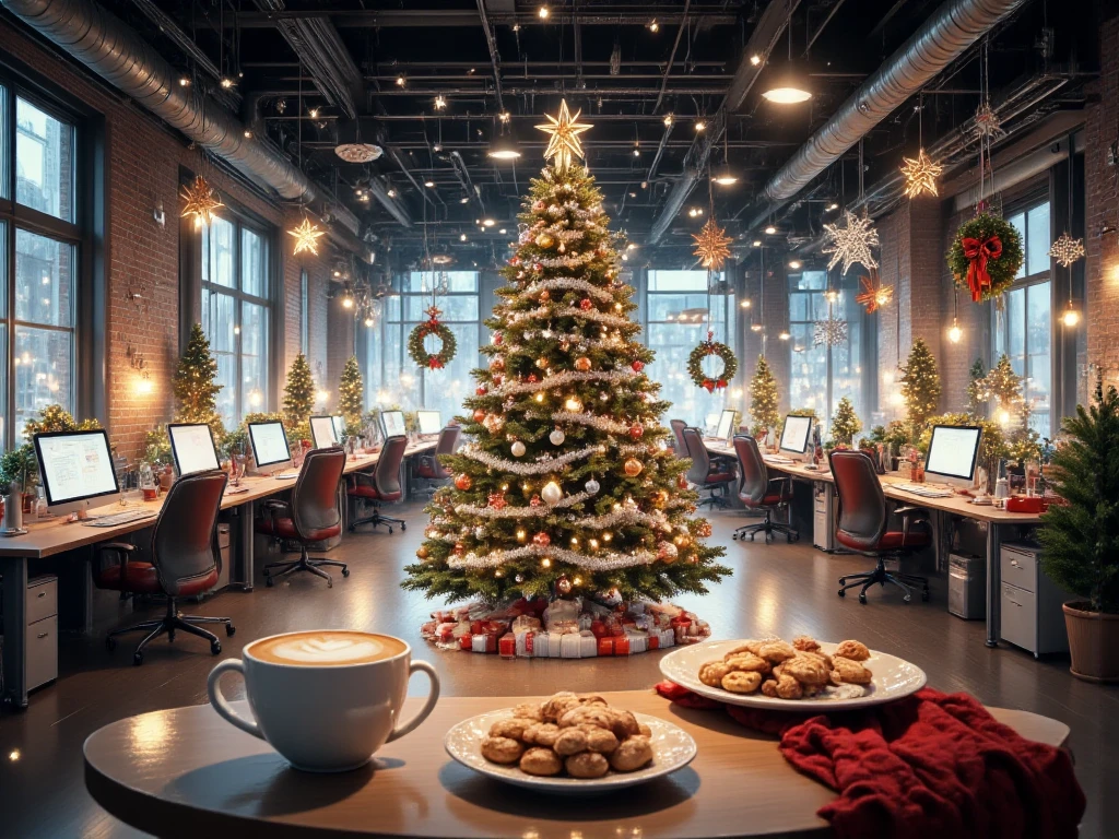 Panorama , High width ,  In the middle of a large office of an IT company ,  for Christmas decoration ,  there is a large Christmas tree ,  Decorated with orange orbs ,  white and silver ,  Holiday decorations such as garlands etc , wreath, Fairy lights ,  scattered some Christmas red and pine trees ,  Several workstations with laptops are visible ,  in the foreground a cozy rest area ， with comfortable armchair ,  A plate of Christmas cookies on the table ,  in a simple white cup Steamed coffee,  Warm and festive atmosphere ,  Very detailed and realistic ,  1024x1080 format , 300 resolution