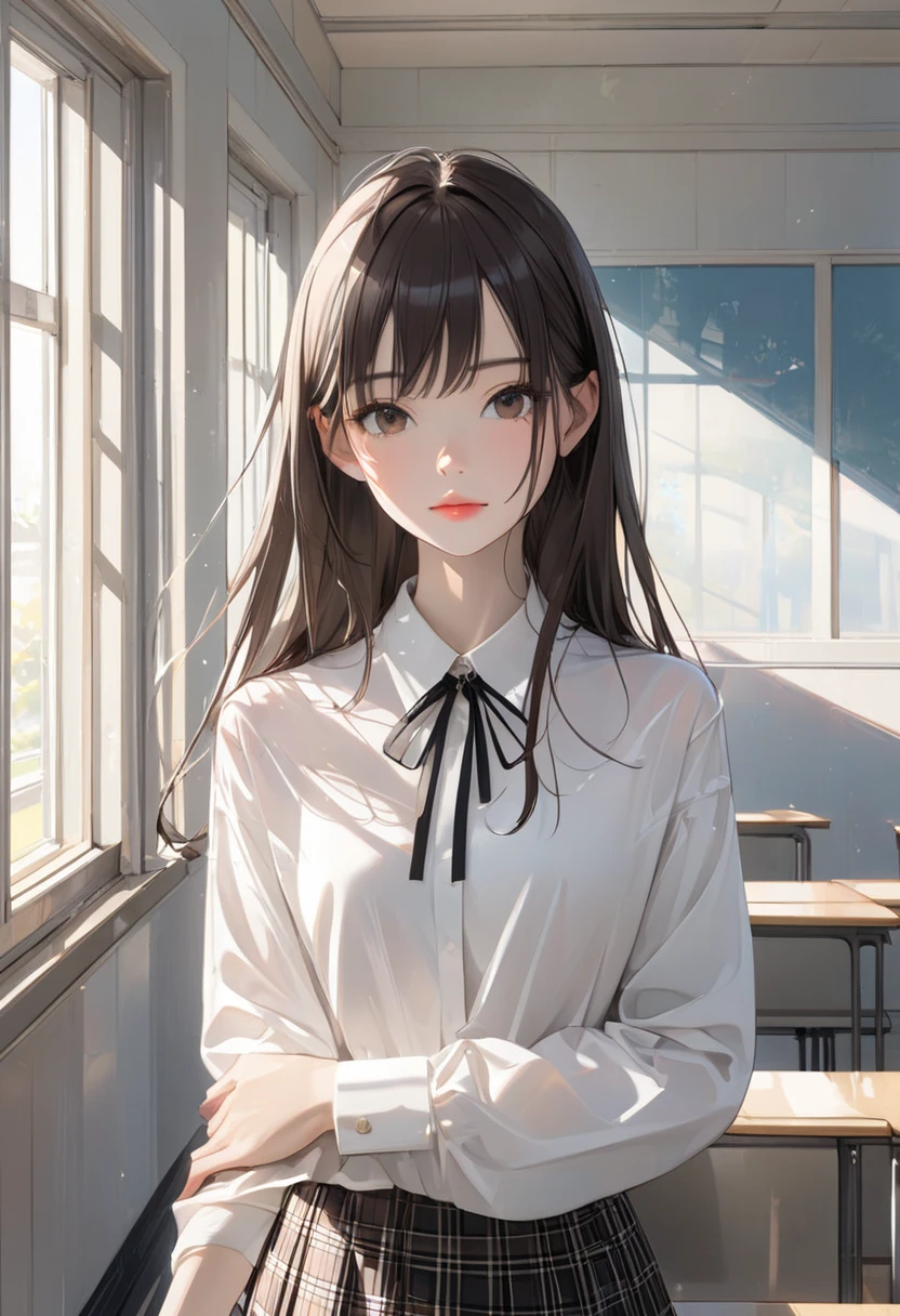 1girl in、The shirt、skirt by the、（）、Putting up with、In the midst of patience、Upper body portrait、