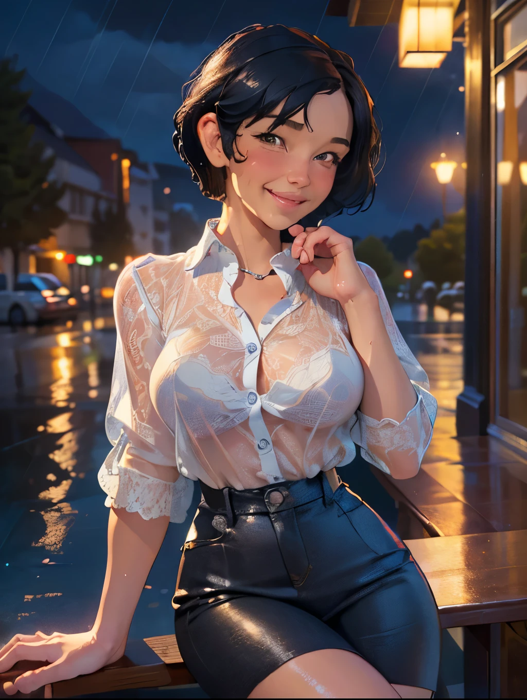 (8K, Best quality, Masterpiece:1.2), (Realistic, photo-realistic:1.37), Ultra-detailed, 1 girl,Cute, Solo,Beautiful detailed sky,Detailed Cafe,Night,Sitting,dated,(nose blush),(Smile:1.15),(grin) Small breasts,(Fantasy breasts), cleavage, Beautiful detailed eyes,(Collared shirt:1.1), Night, Wet,Business attire, rain,Black lace, (Short hair:1.2),Floating hair NovaFrogStyle, Cyber, future