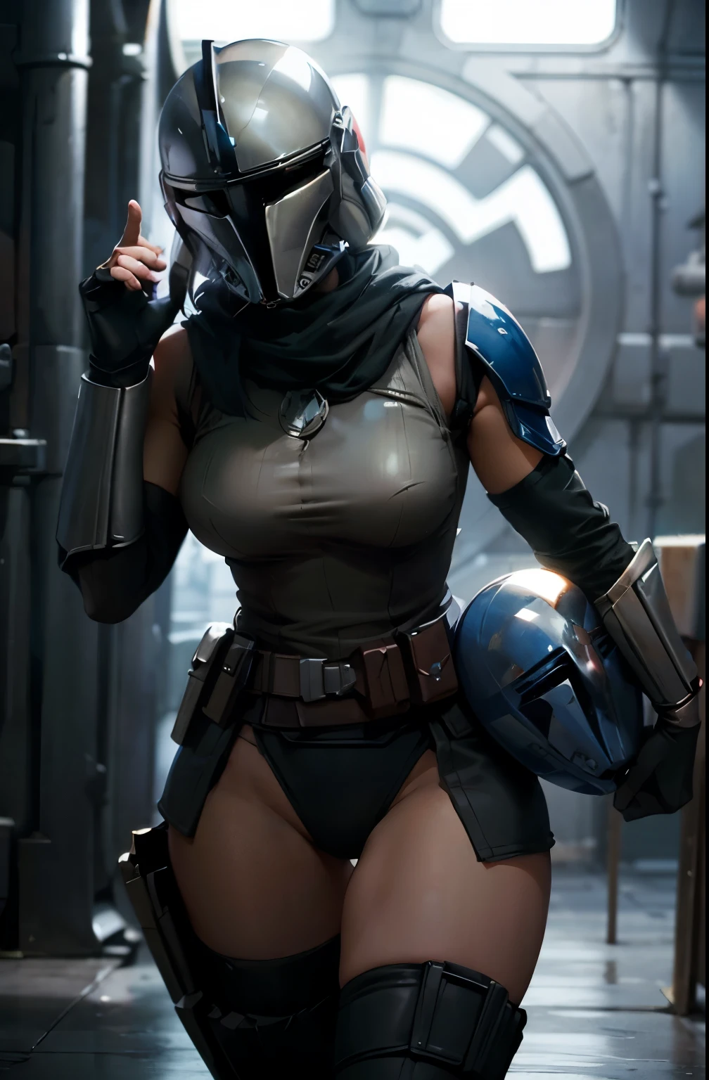 StarWars,Mandalorian Female Warrior ,Beautiful Mandalorian,Half naked,Slimming, wears Mandalorian armor,Carrying a Mandalorian helmet