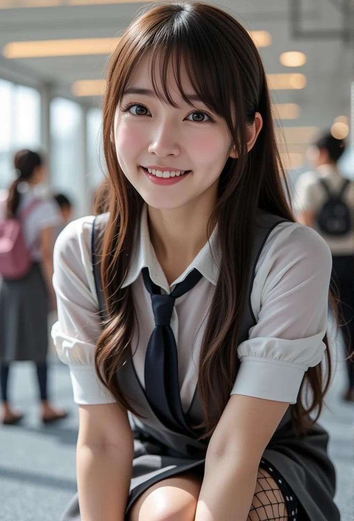     super real ,     photorealistic ,     she looks so happy    , shadow,       Global Illumination      , Alone, (Teenage Japanese Girl:1.5),     very beautiful and delicate Japanese girl  ,    very beautiful、 smile ,  slim,  beautiful legs ， (    Very Big Breasts),     surimi waist    , (  damage  、I'm wearing an office lady uniform  :1.2), (    Very Big Breasts),   She's crouching in the airport departure lobby  ，   full body photo   ，  do you wear black argyle pantyhose，    wearing white stilettos    ，