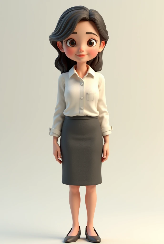 a cute cartoon character in professional outfit, standing full body shot, highly detailed, 4K, 8k, photorealistic, masterpiece, vibrant colors, dynamic lighting, soft ambient lighting, clean professional look, stylized, dynamic pose, confident expression, detailed facial features, big expressive eyes, detailed hair, sharp focus, seamless blending, studio quality background full white skirt sneakers chunky