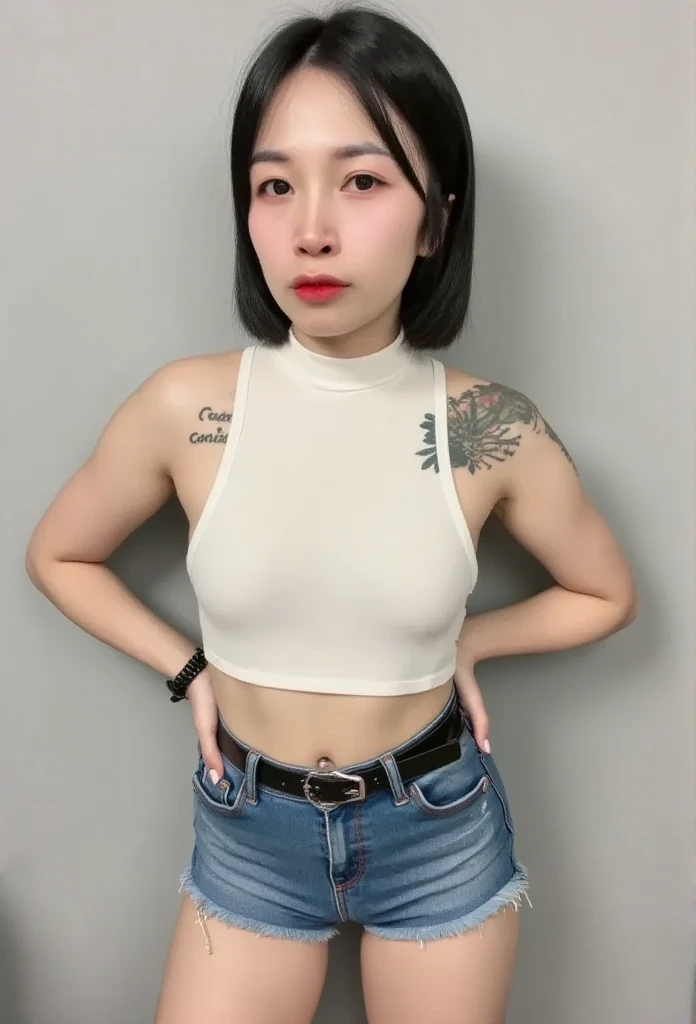 Beautiful skinny girl, elongated face and thin chin, freckles, black ponytail hair, red lipstick, beautiful makeup, white skin, tattoo written on the forearm, beautiful patterned top, denim shorts, white cotton shoes, sexy style