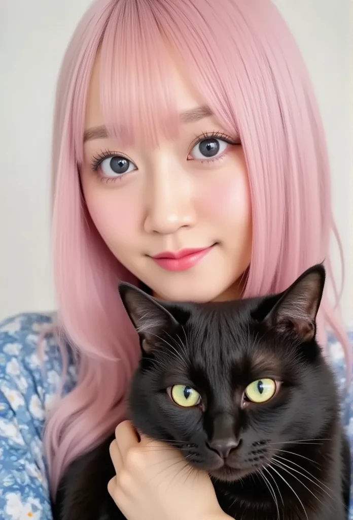  by Sam {x} Girl with a Cat,  Black Cat, Pink hair Blue eyes, Avatar