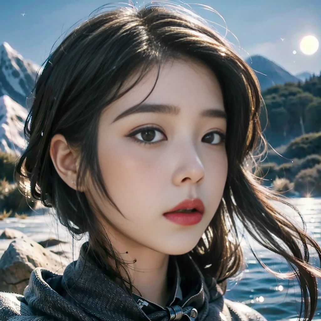 Create a surreal black and white photo of beautifull woman with short black hair blowing, mountains in background, moonlight stream down her face. She look up to the sky, Her face shinning under moonlight. Her black eyes shinning reflect the moonlight. The wind gentle blow her hair