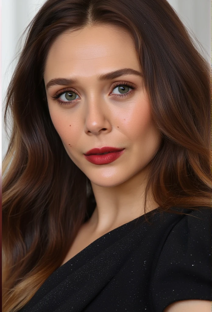 Elizabeth Olsen nude, red lips nose piercing long hairs 