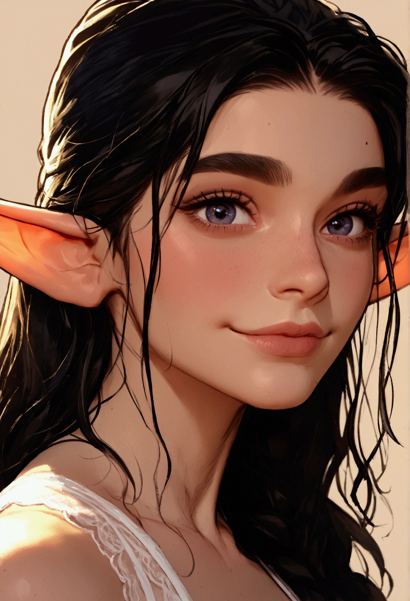 1female elf, (Alfie), looking at viewer, smile, standing, upper body, black hair, petite body, BREAK score_9, score_8_up, score_7_up, score_6_up, score_5_up, score_4_up, source_Alfie comic