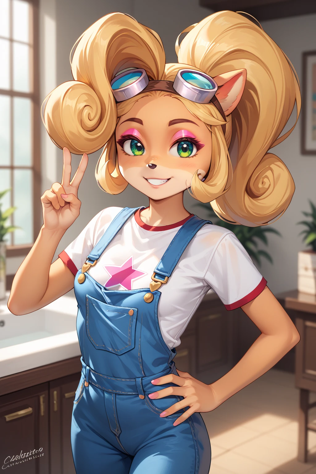 ((Coco bandicoot)), ((masterpiece)), ((cartoon style)), ((8K Octane)), {(slim figure), (eccentuated curves), (small breasts), (orange fur), (black nose), (yellow hair), (curly ponytail), (curly bang), (cute green eyes), (reflection in eyes), (long lashes), (pink eyeshadow), (cute grin)}, {(white tee shirt with red trim), (blue overalls), (goggles on head)}, {(hand on hip), (peace sign), (looking at viewer)}