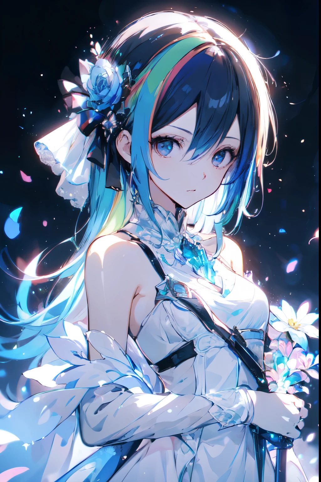 32k, best quality, ultra high res, HDR, UHD, extremely detailed CG, unity 32k wallpaper, One girl, masterpiece, Very detailed, ((Cinema Lighting)), (Shine), ((Dramatic lighting)), ((Beautiful sparkle)), Intricate details, Lens flare, Multicolored Hair, Rainbow Hair, Long Hair, colorfulなドレス, butterflyの髪飾り, butterfly, (Particles of light), Put your arms behind your back, Large Breasts, [Curvy], Cowboy Shot, A light smile, Green Eyes, church, Stained glass, Spotlight, Dark Background, Floating Hair, Floating Hair, View your viewers,((colorful)),