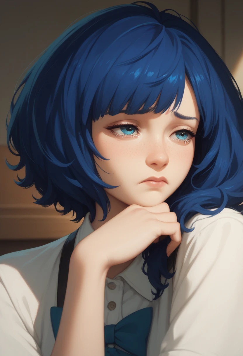 anna, short blue hair,  sad