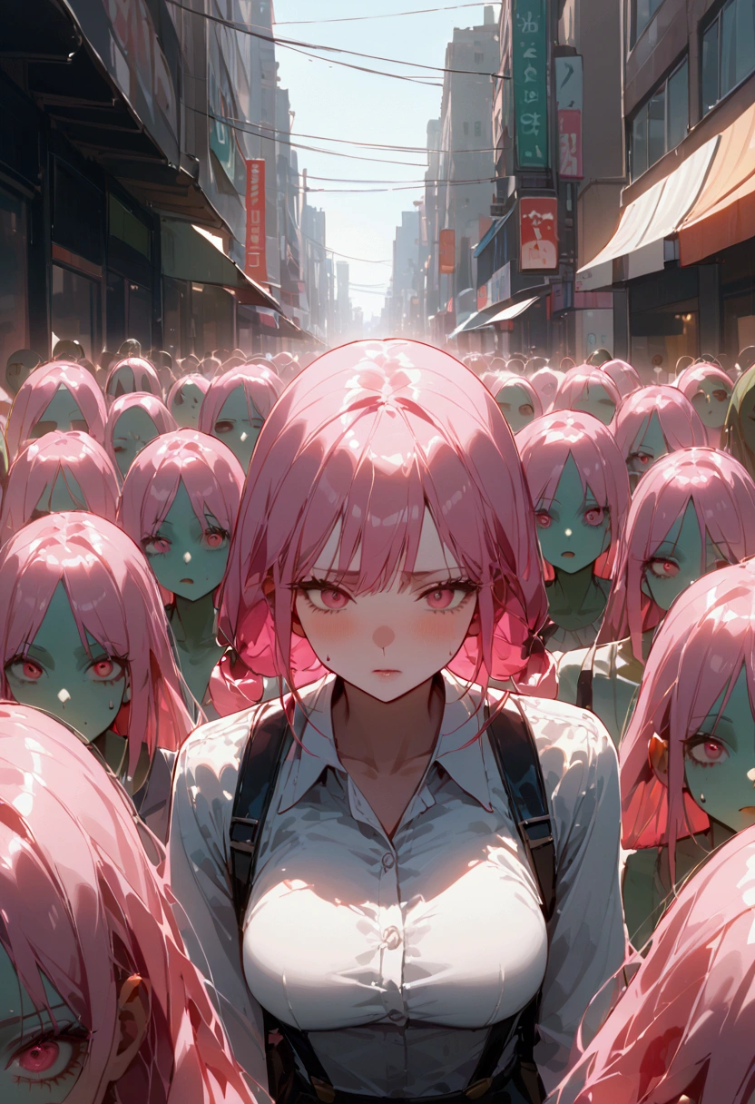 In the city、Surrounded by stalkers、Pink Hair Woman、Face of fear、Tons of zombie girls