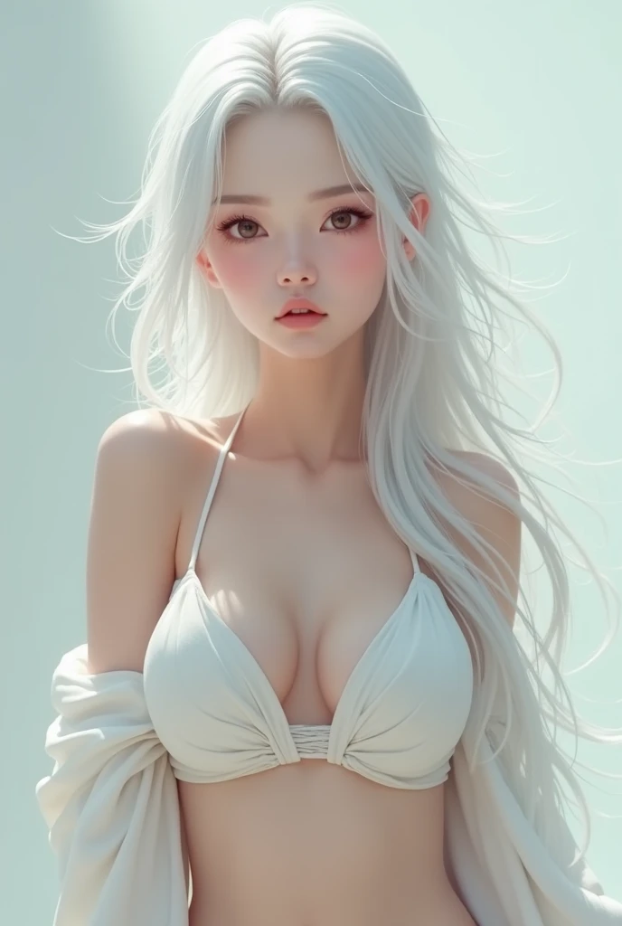 masterpiece, best quality, Extremely detailed, The best shadow, Beautiful and delicate face, Beautiful and delicate eyes, girl, Big boobs, Long silver hair, Black bare shoulder,, Lake background:1.3, (Face focus:1.3, Eye close-up:1.3), (From the back:1.3)