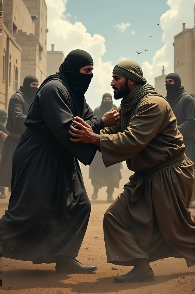 Two Muslim men are dragging a man to beat him.